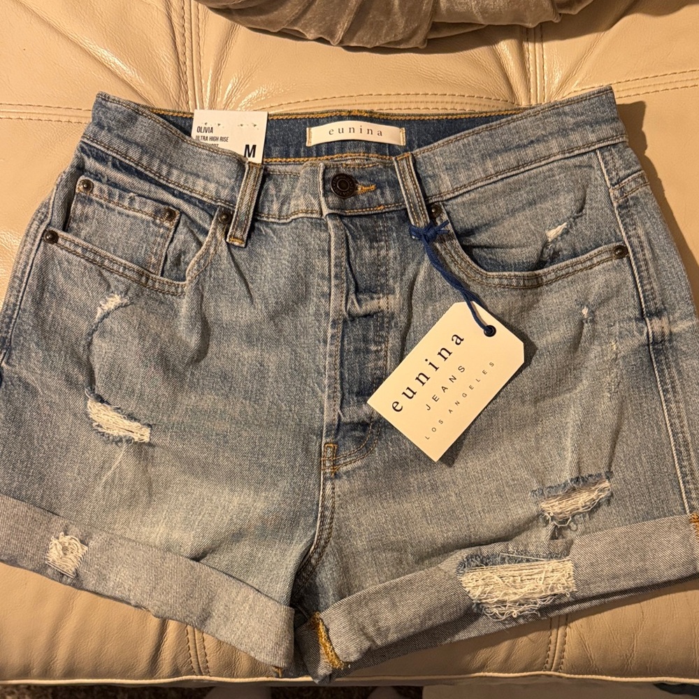 eunina Light Wash Distressed Rolled Hem Denim Shorts - Light Blue